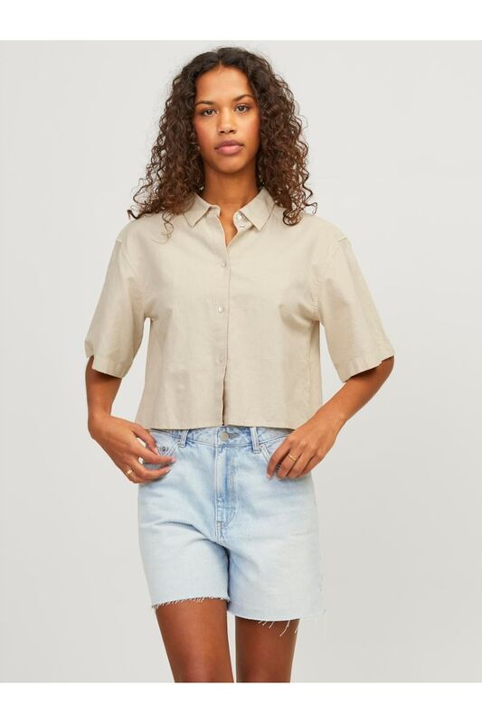 JXLULU SS CROPPED LINEN BLEND SHIRT WVN Kadın Bej KK Gömlek - 12231335