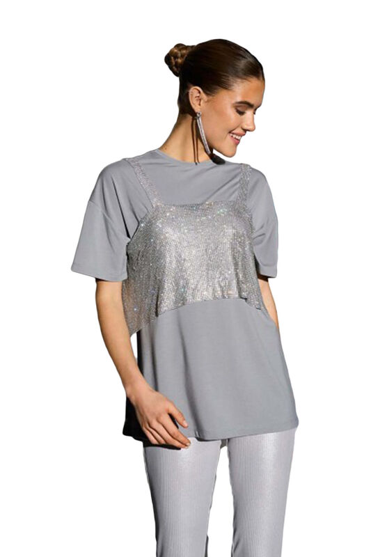 ONLFALY SL CROPED GLITTER TOP WVN Kadın Gri Bluz - 15331804